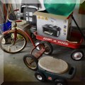 C04. Vintage tricycle and Radio Flyer red wagon. 